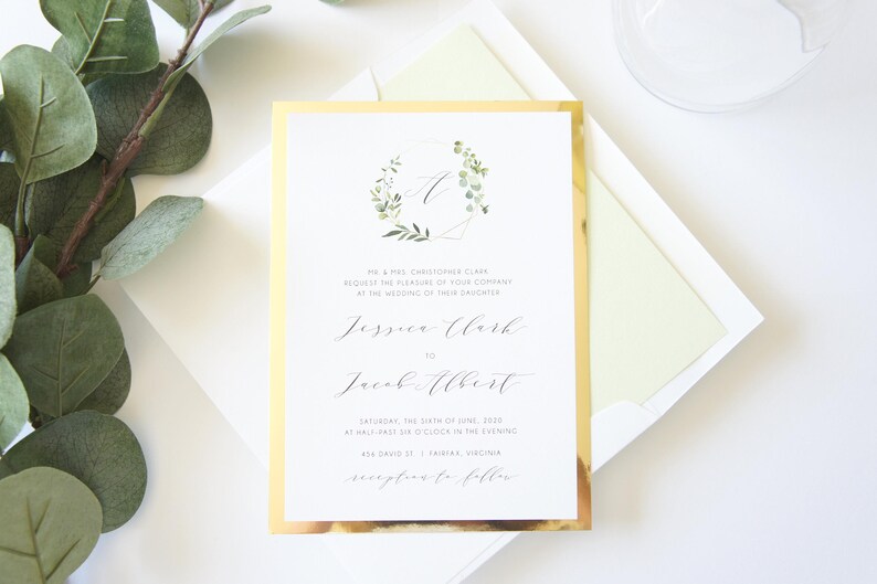 Boho Greenery and Gold Monogram Wedding Invitation, Gold Foil Paper Reflective Paper Eucalyptus Design, Gold Glitter Belly Band Wedding Invites, Bohemian Wedding Invitation Suite, Elegant Formal Classic Invitations
