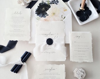 Printed Wedding Invitation Navy Blue Botanical Wedding Invitation Suite, Elegant Flower Invites with Deckled Edges - Sample