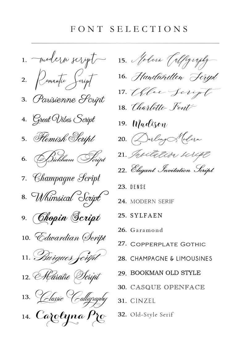 Puede incluir: Imagen en blanco y negro que muestra una lista de 32 selecciones de fuentes. El texto incluye varios estilos de fuentes script, serif y modernas, como "Modern Script", "Romantic Script" y "Champagne Script". El t&iacute;tulo "FONT SELECTIONS" est&aacute; en la parte superior.