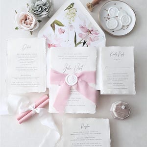Blush Wedding Invitation - Floral Wedding Invitation Suite, Handmade Paper Deckle Edge, Deckled Paper, Torn Edge Cotton Rag Paper-Deposit