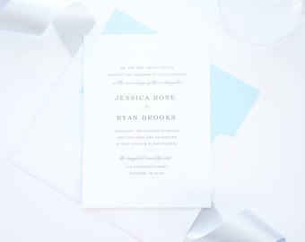 Minimal Wedding Invitations, Elegant Wedding Invitation, Blue Wedding Invitations, Light Blue Printed Wedding Invitation - Deposit