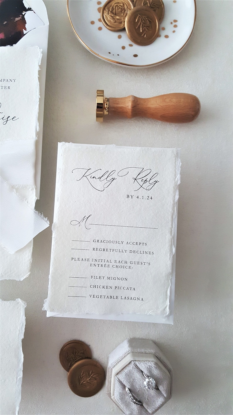 Elegant Gold Wedding Invitation, Silk Ribbon Wax Seal Wedding Invitations, Handmade Paper, Deckled Paper Wedding Invite Deposit image 5