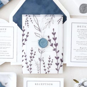 Dusty Blue and Silver Wedding Invitations, Classic Wedding Invitation Suite with Printed Vellum Jacket and Wax Seal, French Blue - Sample