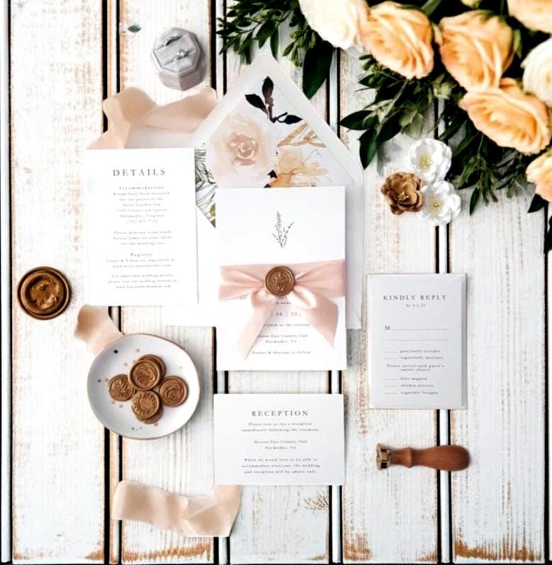 Champagne Peach Wedding Invitation Suite Booking Floral Monogram