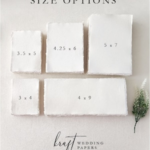Custom PDF printing service on handmade deckle edge paper, showing 3x4, 3.5x5, 4.25x6, 5x7 and 4x9 sizes for wedding invitations, RSVP cards, details cards, menus, programs and signs.