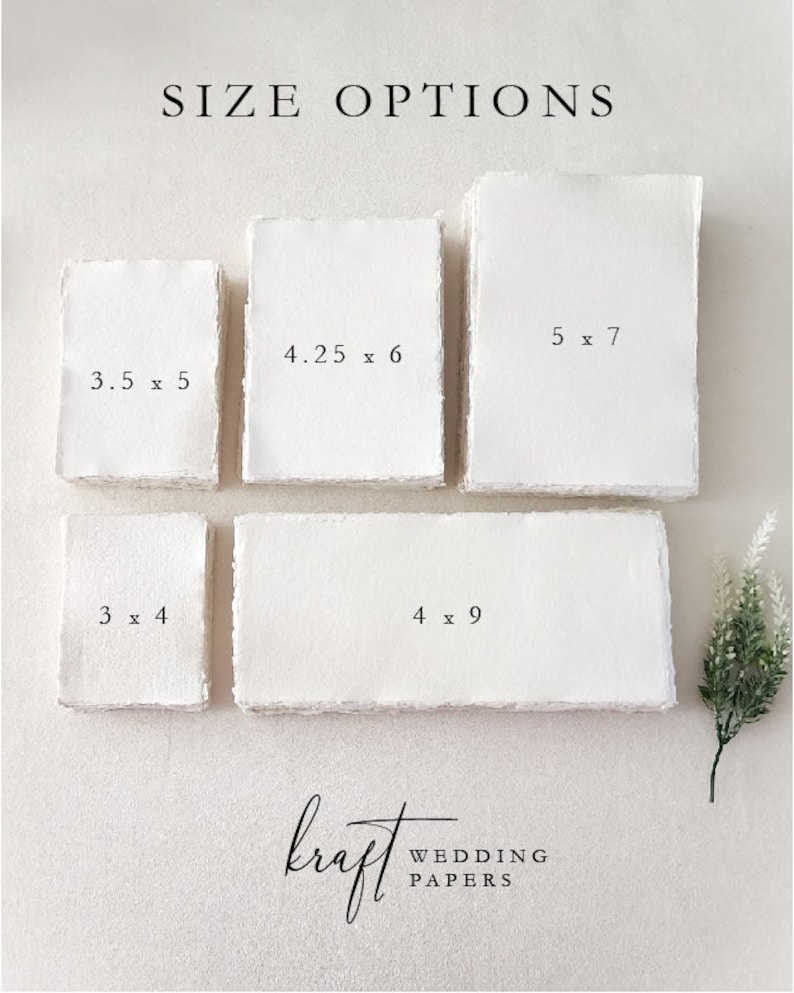Custom PDF printing service on handmade deckle edge paper, showing 3x4, 3.5x5, 4.25x6, 5x7 and 4x9 sizes for wedding invitations, RSVP cards, details cards, menus, programs and signs.