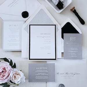 Silver Wedding Invitations, Black Tie Formal Invitation Suite, Elegant Luxury Chic Invite, Ribbon Invite, Glamorous, Silver Glitter- Sample