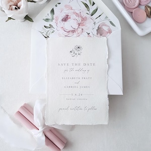 Réservez vos dates, pivoine rose et verte, enveloppes à fleurs pivoines, cartes d'invitation de mariage à bordure plate, papier fait main - caution