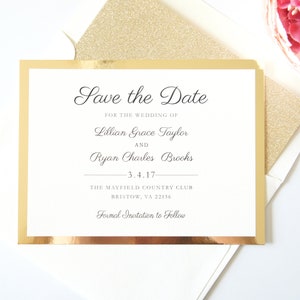 Goldhochzeit Save the Date Karte, Glitzer Save the Dates, Spiegelpapier, Luxus Einladungen, Ankündigungskarten - DEPOSIT