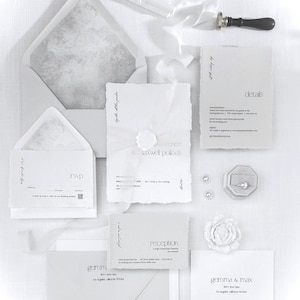 Minimalist Wedding Invitation, White and Ivory Cotton Rag Invitation Suite, Modern Minimal Design, Deckled Paper Hand Torn - Gemma Suite