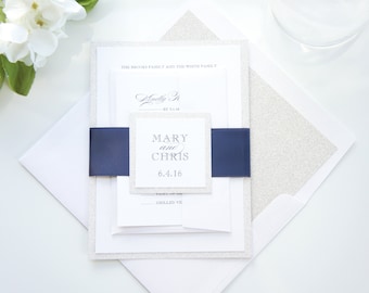 Navy Blue and Silver Wedding Invitation, Layered Invite Suite, Elegant Glitter Invites - SAMPLE SET