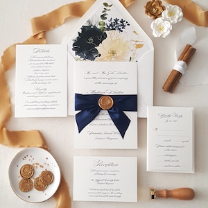Calligraphy Script Navy Wedding Invitations, Blue and Gold Botanical Vellum Wax Seal Invite Suite - Sample