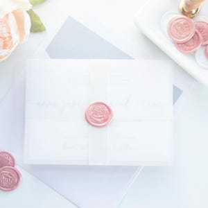 Printed Wedding Invite Set -Blush Pink Wax Seal Wedding Invitations, Vellum Jacket, Silver, Modern Calligraphy Script Invite Suite- Sample