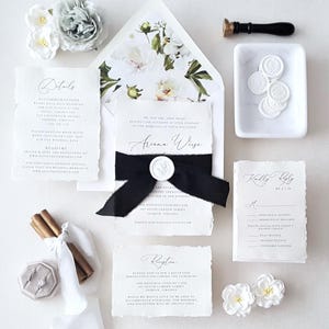 Black and White Wedding Invitation, Deckled Edges, Silk Ribbon Tie, Elegant, Classic Wedding Invite Suite, Wedding Invitations - Deposit