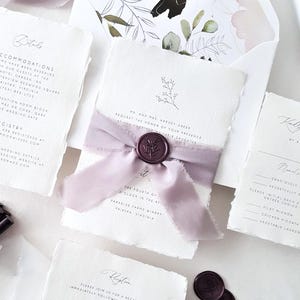 purple boho garden rustic wedding invitation, plum purple wax seal, lavender silk ribbon tie, handmade deckle edge paper, deckled edges torn edge papers, cotton rag papers, flower monogram wedding invitation, elegant classic wedding invitation suite