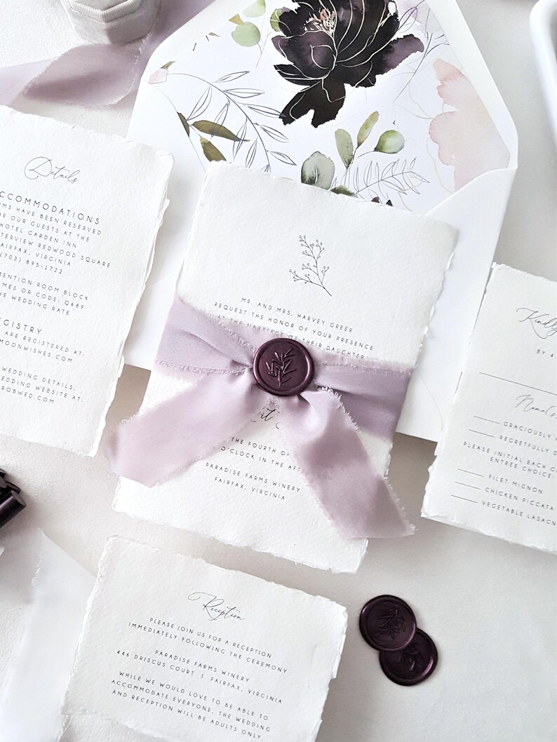 purple boho garden rustic wedding invitation, plum purple wax seal, lavender silk ribbon tie, handmade deckle edge paper, deckled edges torn edge papers, cotton rag papers, flower monogram wedding invitation, elegant classic wedding invitation suite