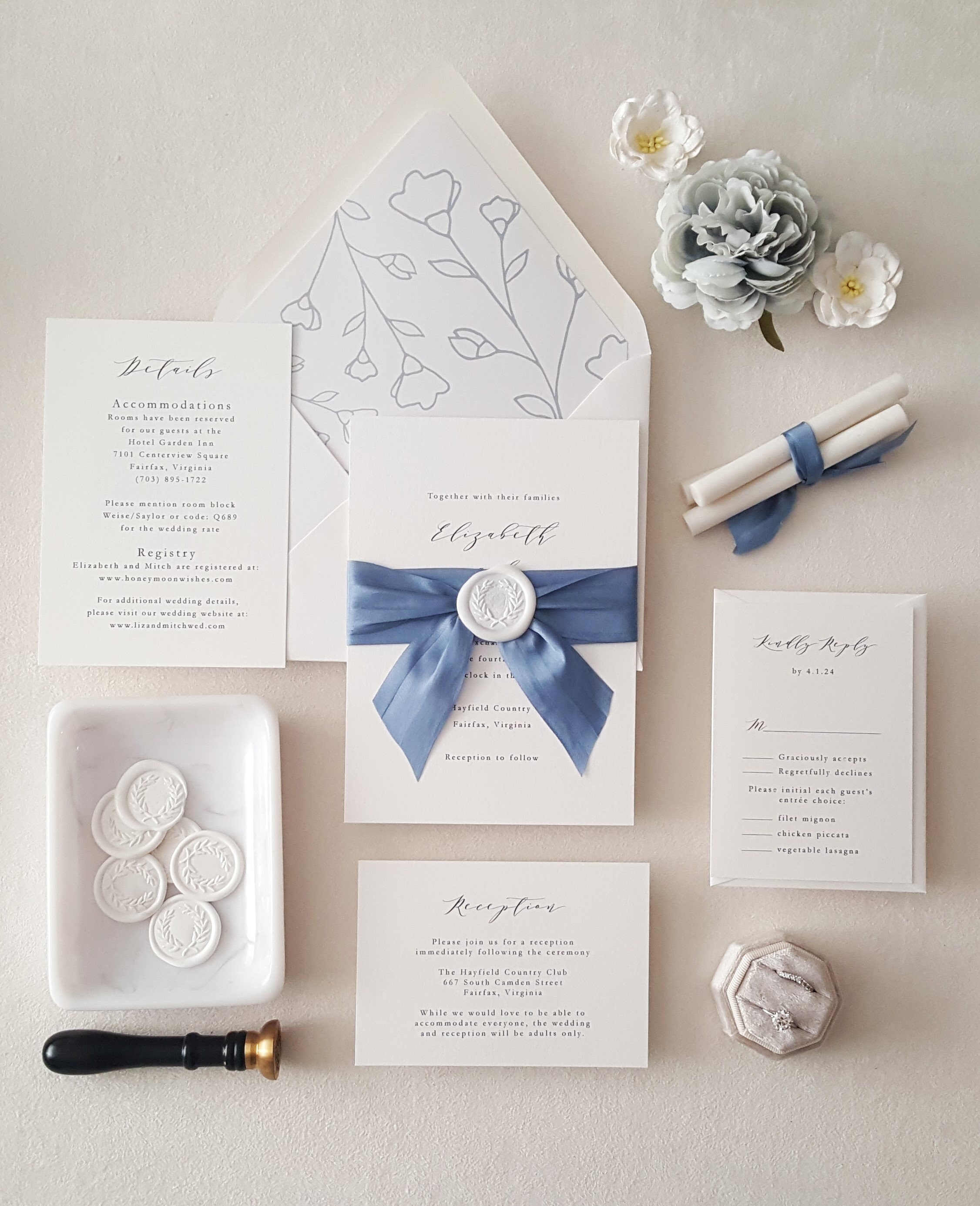 Elegant Blue and White Wedding Invitations Classy Ribbon and Wax Seal Invitation Suite Minimal Invite With Euro Flap Envelope sample Etsy