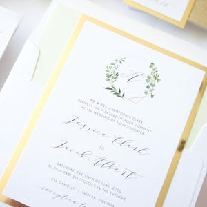 Boho Greenery and Gold Monogram Wedding Invitation, Gold Foil Paper Reflective Paper Eucalyptus Design, Gold Glitter Belly Band Wedding Invites, Bohemian Wedding Invitation Suite, Elegant Formal Classic Invitations