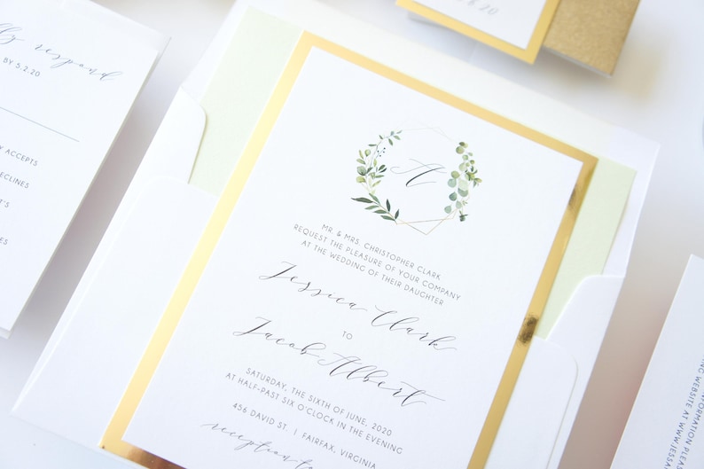 Boho Greenery and Gold Monogram Wedding Invitation, Gold Foil Paper Reflective Paper Eucalyptus Design, Gold Glitter Belly Band Wedding Invites, Bohemian Wedding Invitation Suite, Elegant Formal Classic Invitations