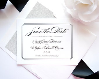 Elegant Black and Silver Glitter Save the Dates With Envelopes, Elegant Wedding Printed Cards - DEPOSIT