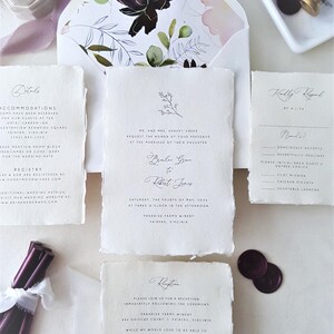 purple boho garden rustic wedding invitation, plum purple wax seal, lavender silk ribbon tie, handmade deckle edge paper, deckled edges torn edge papers, cotton rag papers, flower monogram wedding invitation, elegant classic wedding invitation suite
