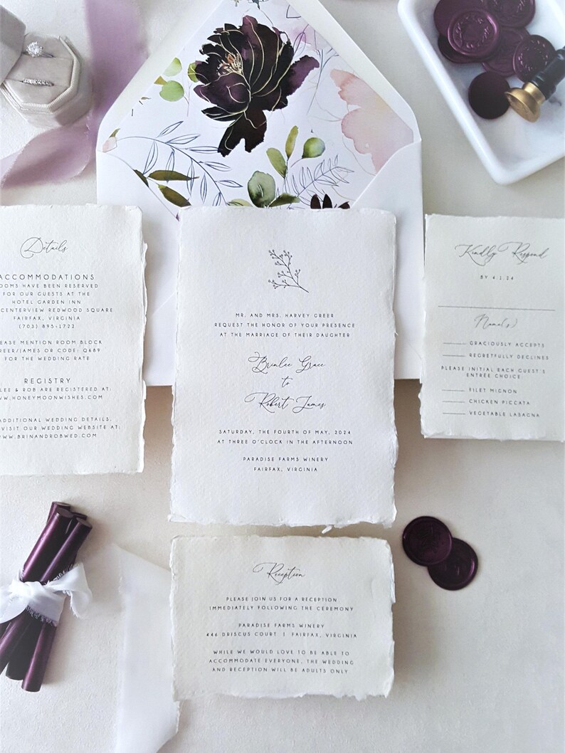 purple boho garden rustic wedding invitation, plum purple wax seal, lavender silk ribbon tie, handmade deckle edge paper, deckled edges torn edge papers, cotton rag papers, flower monogram wedding invitation, elegant classic wedding invitation suite