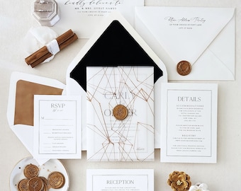 Modern Black and Gold Wedding Invitations, Black Tie Wedding Invitation Suite with Wax Seal and Details Card RSVP, Geometric Invite - Sample