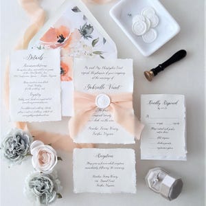 Peach and White Modern Torn Edge Calligraphy Script Wedding Invitations, Rustic Wedding Invitation Suite, Wax Seal and Ribbon - Deposit
