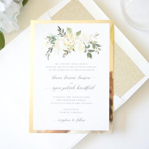 Ivory and Gold Floral Wedding Invitation, Elegant Botanical Watercolor Invite Suite with response card and details, glitter envelope-Deposit