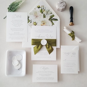 Elegant Green Wedding Invites, Botanical Invitation Suite, Olive, White Flowers, Floral Envelope with Silk Ribbon and Wax Seal - Sample