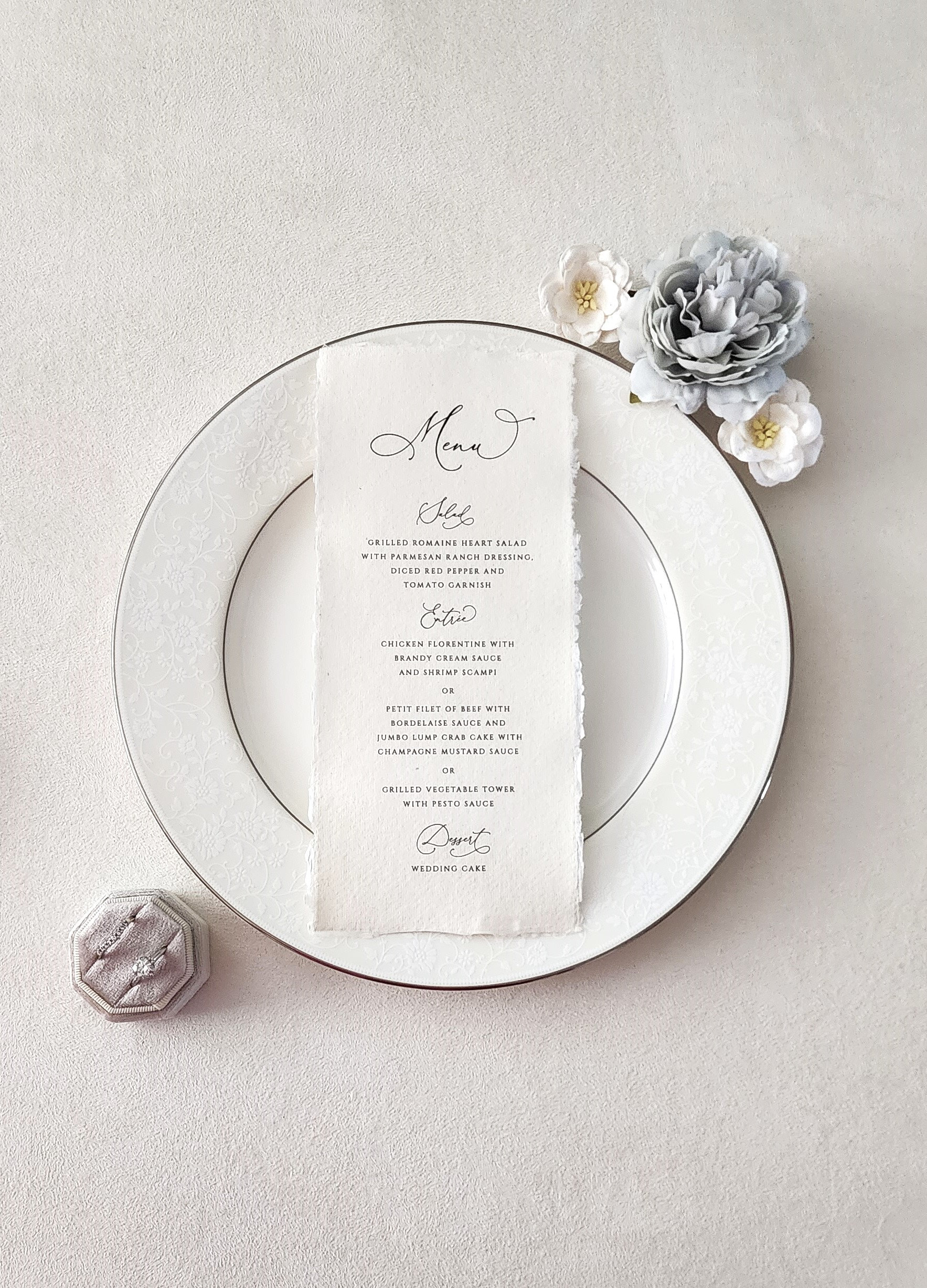 Deckle-Edge Wedding Menu Cards, Elegant Dinner Menus, Cotton Rag Paper, Handmade Paper Wedding Menu