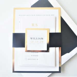 Bar Mitzvah Invitations - Gold and Black Bar Mitzvah Invitation with matching RSVP, Color Customize - SAMPLE