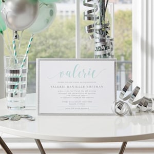 Mint & Silver Glitter Bat Mitzvah Invitation Sample