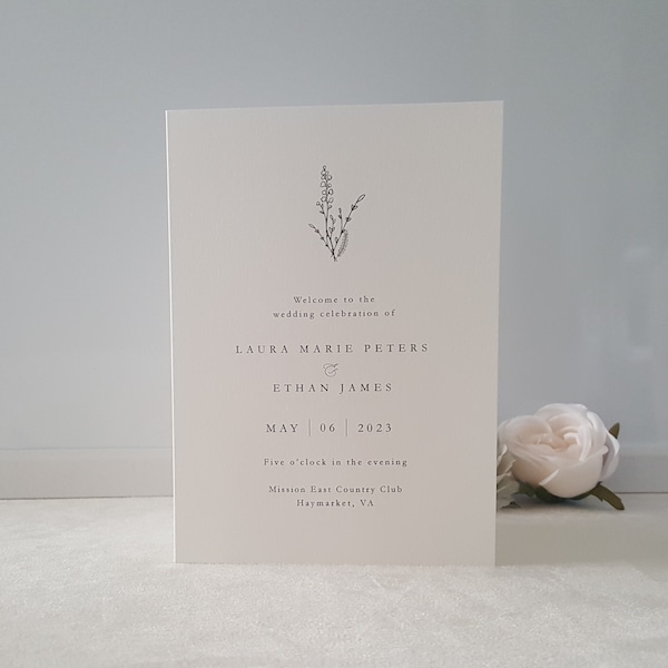 Elegant Botanical Wedding Program, Printed Ceremony Programs, Wildflowers - DEPOSIT