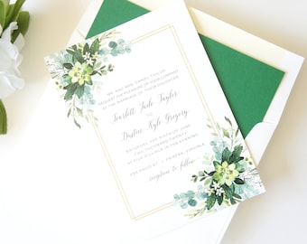 Greenery Wedding Invitations, Eucalyptus Leaves, Foliage Green and Gold Invitation, Boho Wedding Invitations, Garden Wedding - Deposit