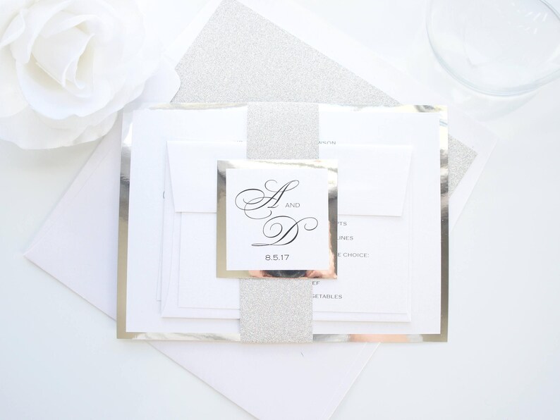 Silver Invite Silver Wedding Invitations Elegant Glitter Belly Band Formal Invite Set ...