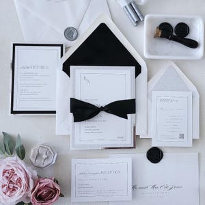 Schwarze und weiße Hochzeitseinladungen Luxus Black Tie Hochzeitseinladung, Silber Glitter formale Einladung, Band - Probe