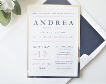 Pink and Navy Bat Mitzvah Invitations, Modern Bat Mitzvah Invite - Deposit