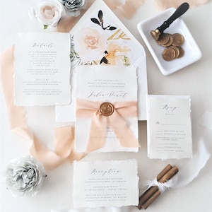 Wedding Invitation Suite printed on Deckle-Edge Paper, Elegant Peach and Gold Wedding Invitations, Invitation Suite, handmade paper-Deposit