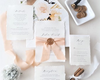 Wedding Invitation Suite printed on Deckle-Edge Paper, Elegant Peach and Gold Wedding Invitations, Invitation Suite, handmade paper-Deposit
