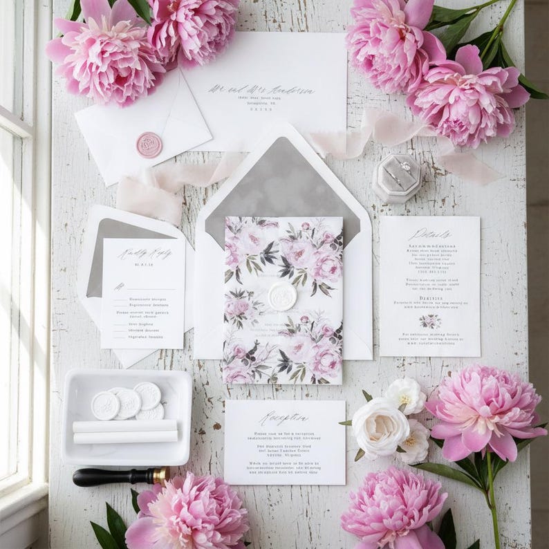 Wedding stationery set featuring a floral invitation with a wax seal, envelopes, and detail cards.