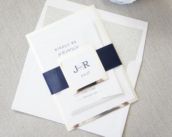 Printed Wedding Invitations - Navy Blue and Silver Invitation Suites with Ribbon and Glitter Envelopes, Response Cards- SAMPLE SET