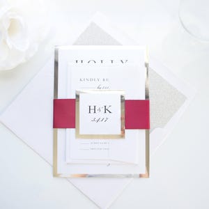 Red Wedding Invitation Set, Burgundy and Silver Printed Invitations, Modern Layered Cards, Marsala Wine Invite Suites Belly Band - Deposit