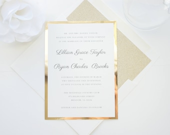 Gold Foil Paper Wedding Invitations, Glitter Invitation Suite, Classic Formal Elegant, Mirror Reflective Paper, Layered Invites- SAMPLE SET