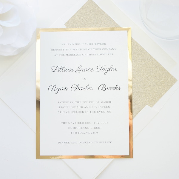 Gold Foil Paper Wedding Invitations, Glitter Invitation Suite, Classic Formal Elegant, Mirror Reflective Paper, Layered Invites- SAMPLE SET