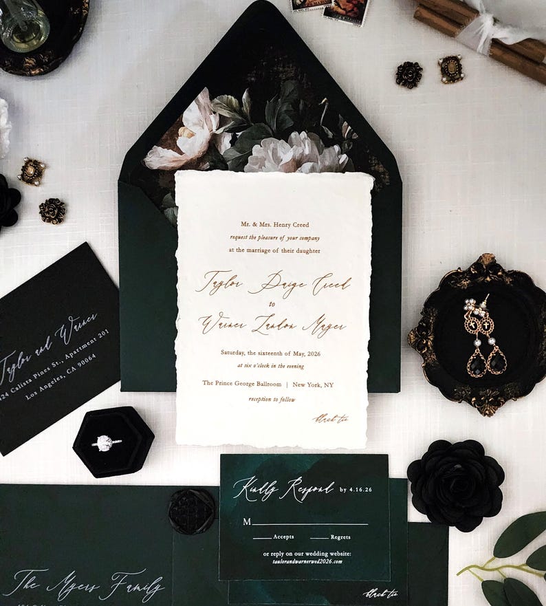 Emerald Green Black Gold Wedding Invitation Sample Formal Black Tie ...