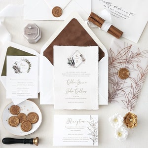Tropical Wedding Invitation Sample: Greenery, Gold Ink, Deckle Edge Paper