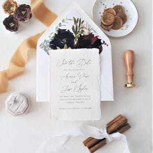 Tarjetas de invitación con diseño botánico, hechas a mano, de trapo de algodón, burdeos y azul marino, para bodas de otoño - DEPOSIT