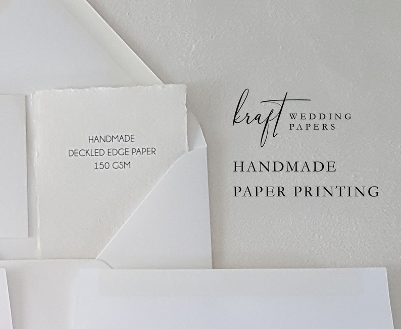Close-up of handmade deckled edge paper, 150 GSM, nestled in a white envelope.