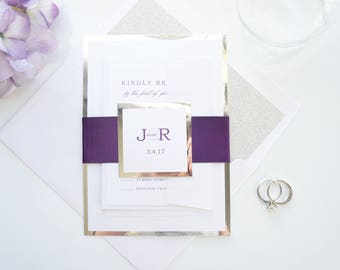 Purple and Silver Glitter Wedding Invitations, Luxury Invites, Printed Plum Ribbon Invitation Set with response card - Deposit